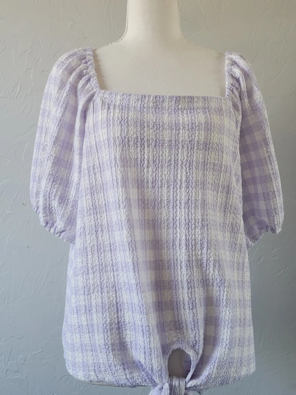LOFT Lilac Gingham Tie Front Puff Sleeve Blouse Size L Cottagecore Coquette